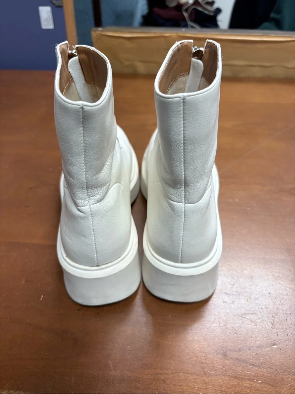 White Front-Zip Leather Ankle Boots